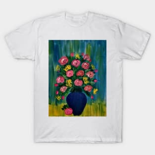 mixed flowers with red roses In a metallic blue vase T-Shirt